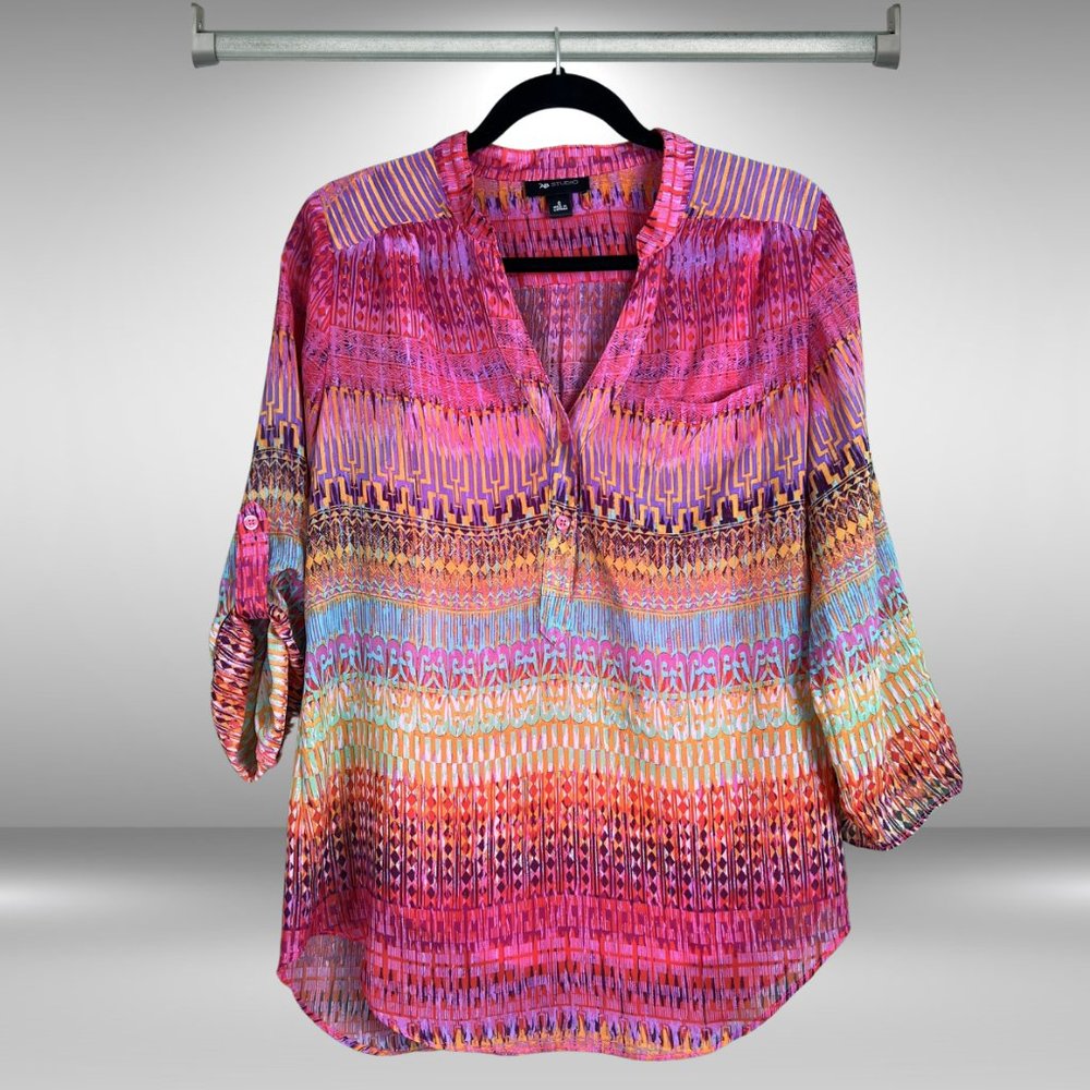 AB Studio Bright Pink Multi Colored Sheer Top with Camisole, 3/4 Roll-up Sleeves